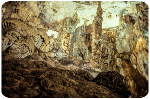 L'interno della grotta d'Ispinigoli con lunghe  stalatiti che spuntano dal soffitto.