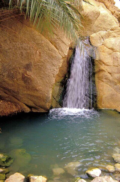 Nell'oasi di Tamerza una piccola cascata si riversa in un laghetto