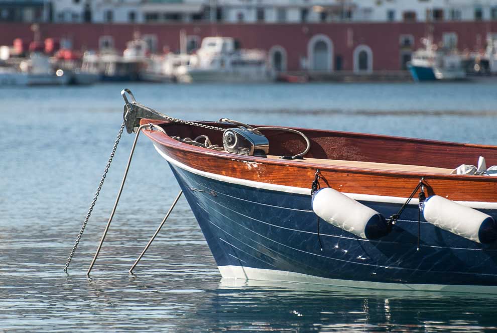 La prua di una piccola barca da pesca ancorata con sullo sfondo il porto borbonico di Ponza.