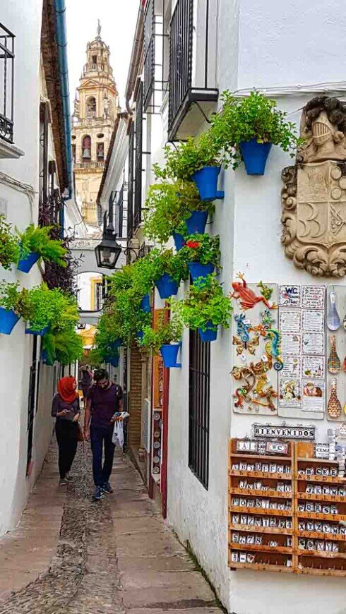 Callejòn de las Flores, una stradina piena di piccoli vasi di fiori appesi e una vista perfettamente incorniciata della torre della Mezquita.