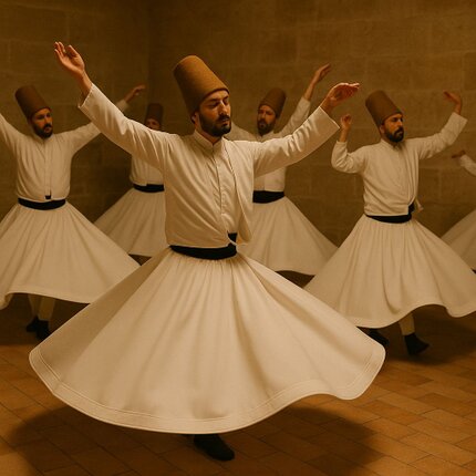 Uomini vestiti con abiti bianchi lunghi e larghi nella parte bassa, girano vorticosamente nella loro danza mistica e religiosa, per comunicare con Dio.