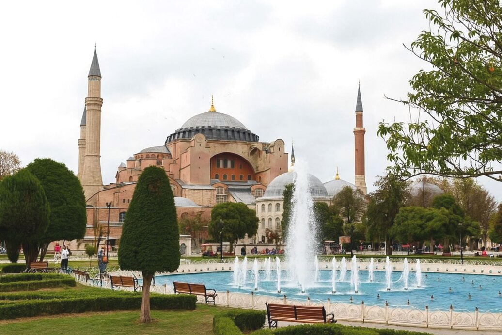 Una fontana con sullo sfondo la Basilica di Santa Sofia con i suoi minareti in quanto convertita in moschea.