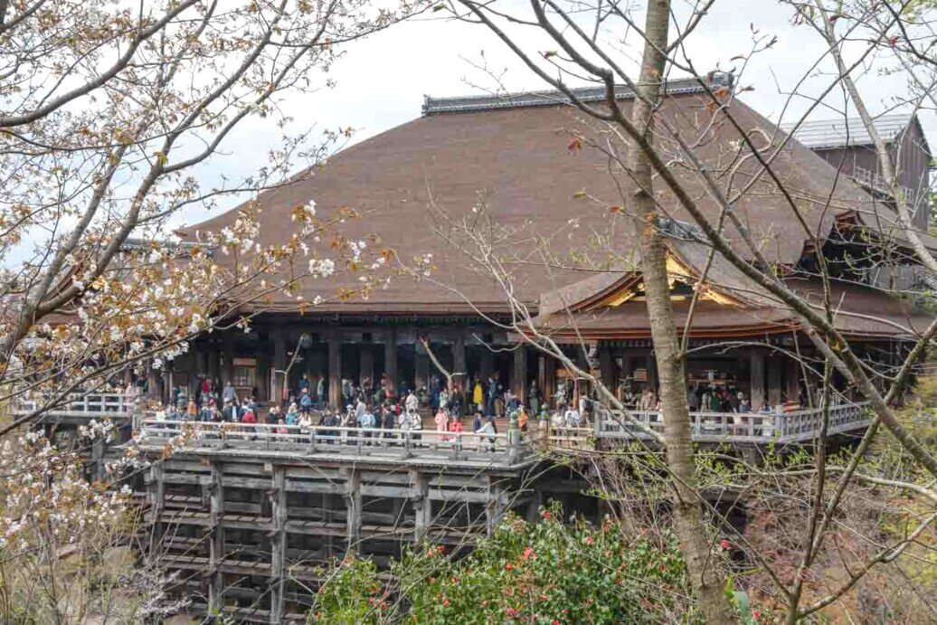 L'Hondō, l'edificio principale Un tempio molto grande con tetti spioventi a ridosso di una collina con all'interno tanta gente che ammira il panorama.