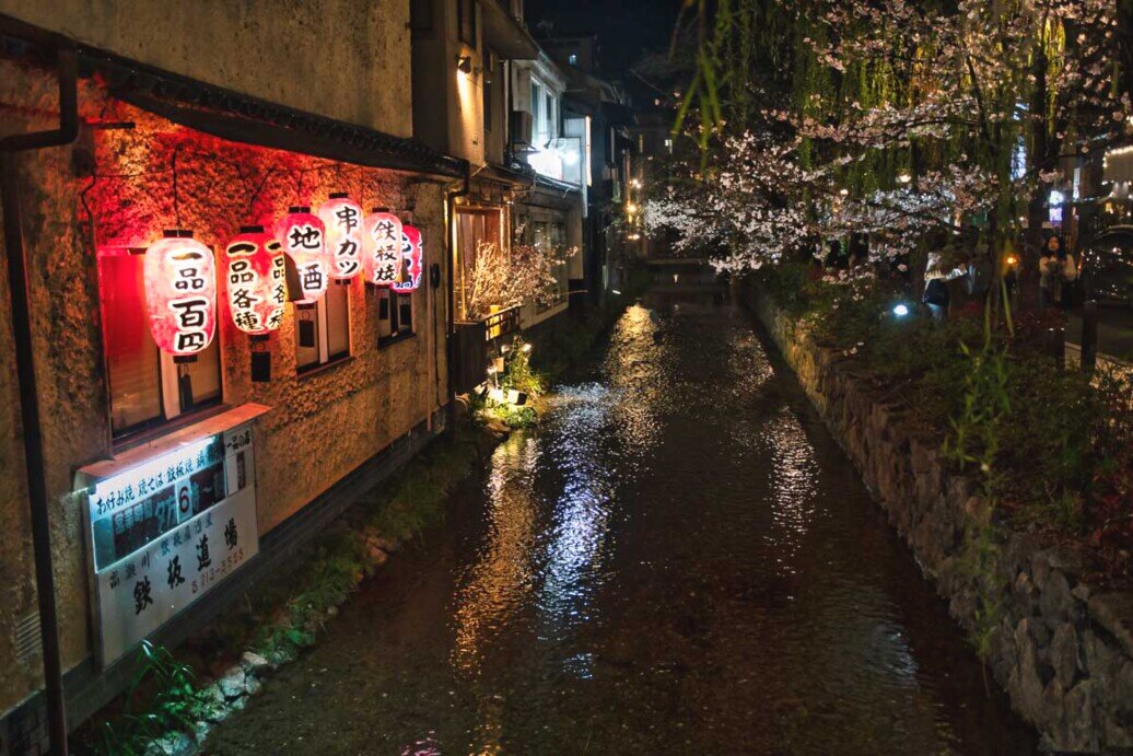 Pontocho_Kyoto Foto notturna del quartiere Pontocho di Kyoto illuminato dalle lanterne rosse di carta e circondato da alberi di ciliegio in fioritura.