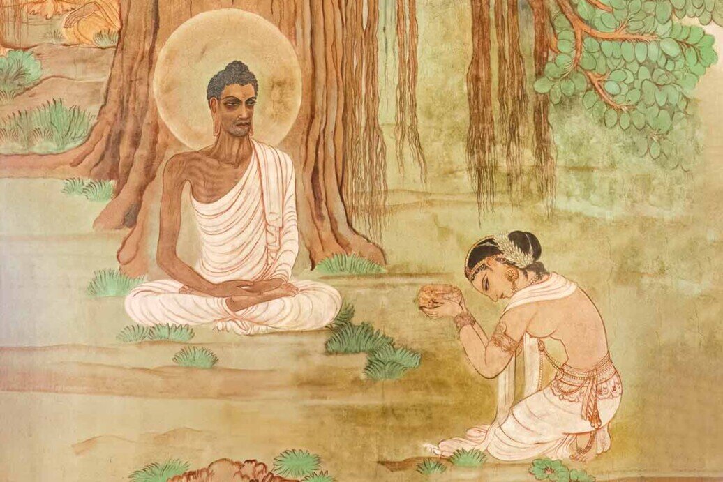 Affresco nel Mulgandha Kuti Vihar Muro affrescato con Buddha assiso e figura umana nel Mulgandha Kuti Vihar, creando un'atmosfera spirituale e contemplativa.