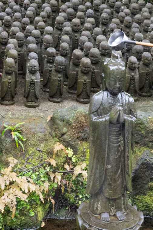 In primo piano c’è una statua più grande, con le mani giunte in preghiera, su cui qualcuno sta versando dell’acqua: è un gesto rituale che simboleggia purificazione e rispetto. Sullo sfondo si vedono moltissime piccole statue in pietra disposte in file ordinate su più livelli.